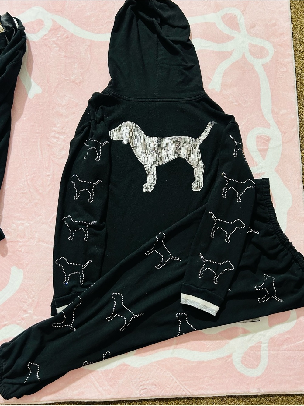 PINK Victoria's Secret Black Hoodie & Joggers Set with Silver Dog Motif